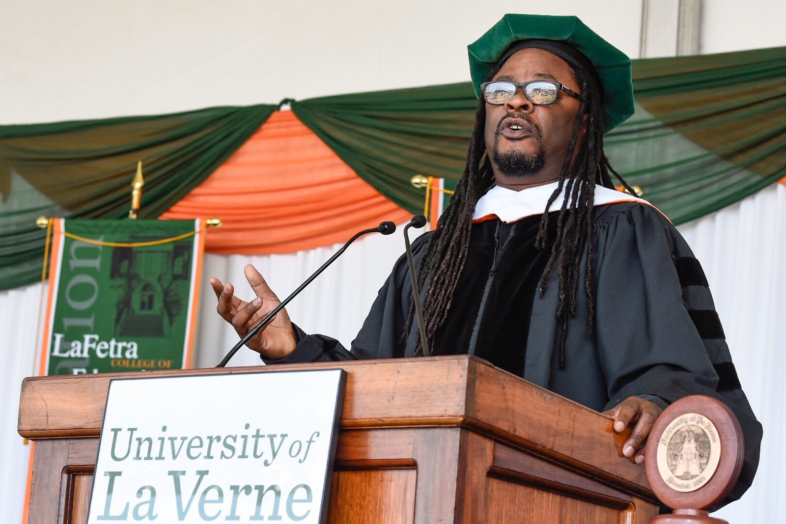 Lawrence Ross gives the keynote address during the University of La Verne's LaFetra College of Education commencement ceremony on June 3, 2018.