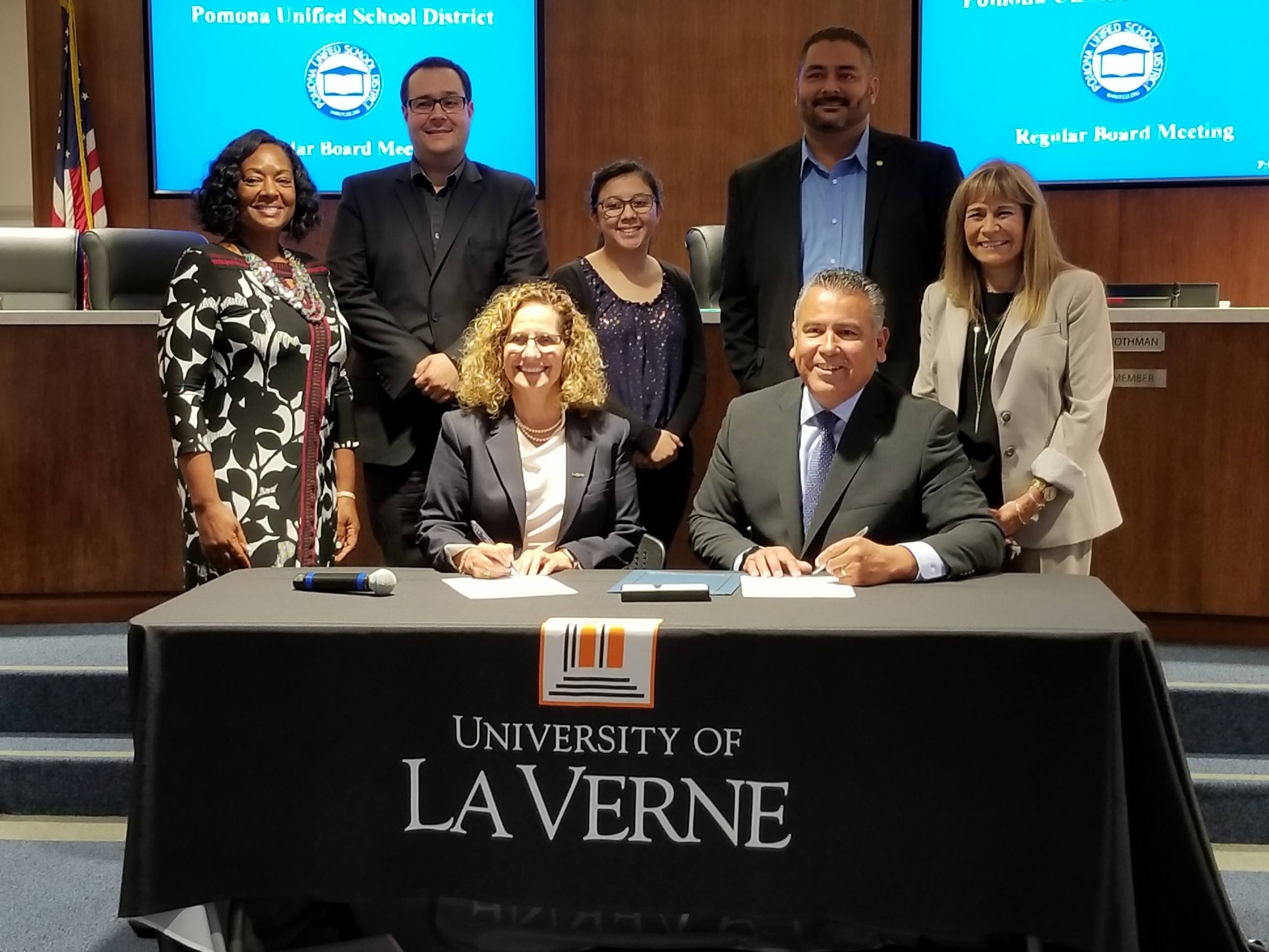 University of La Verne President Devorah Lieberman, Pomona Unified Superintendent Richard Garcia, and members of the Pomona Unified School Board.