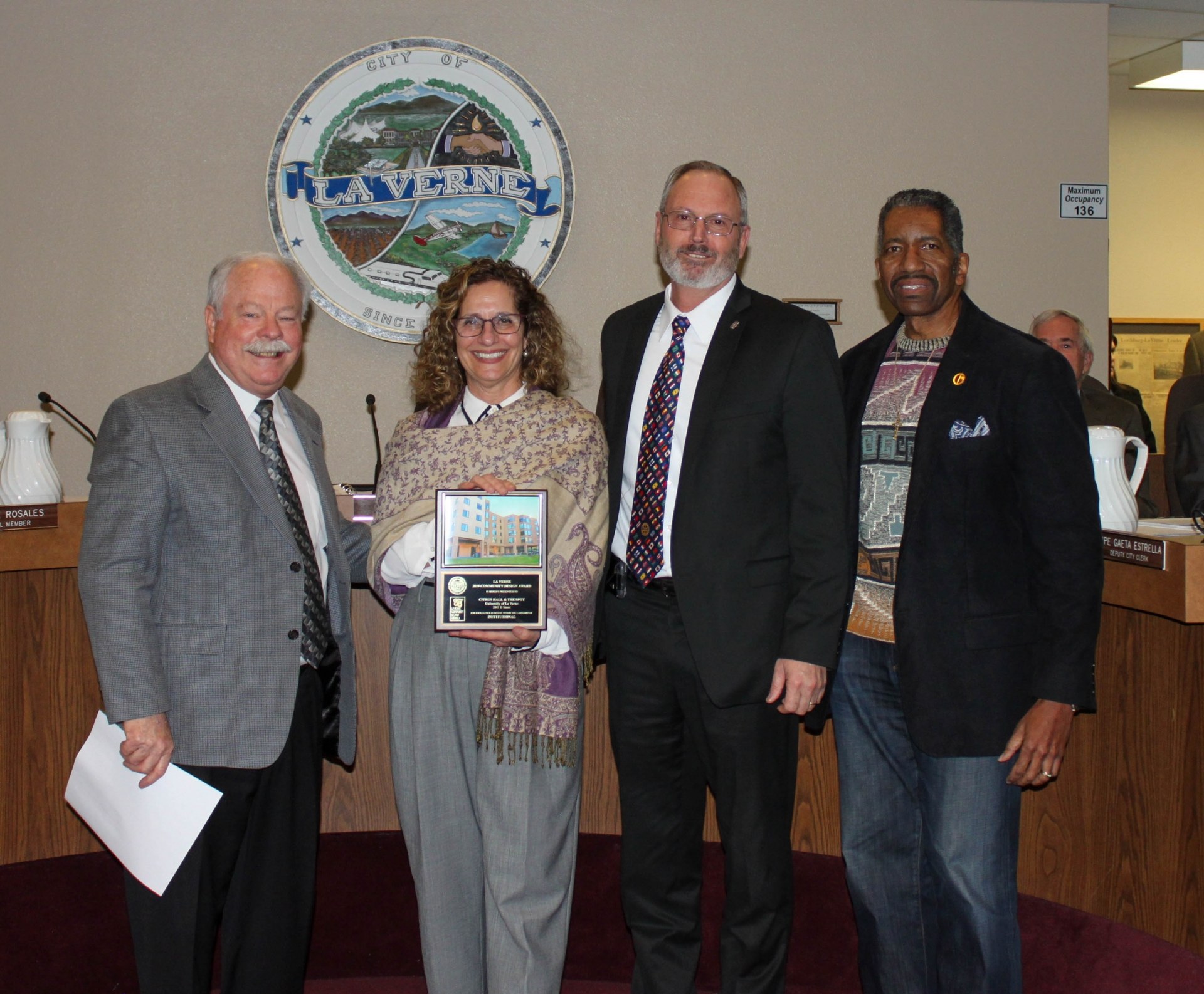 University President Devorah Lieberman poses with City of La Verne award