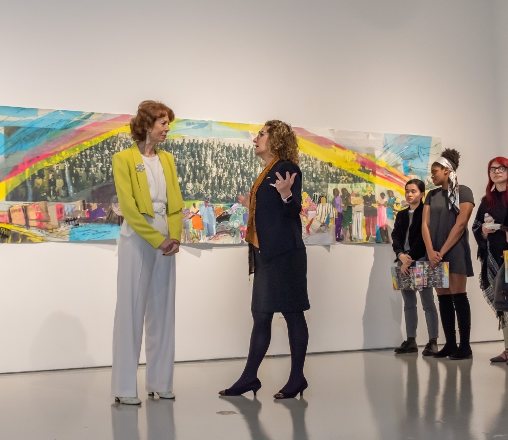 University President Devorah Lieberman talks to Artist Phoebe Beasley.
