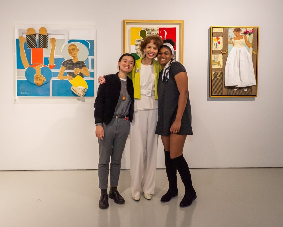 Artist Phoebe Beasley poses for a photo with University of La Verne students Damaris Lao and Shyonta Glothon.