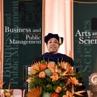 Dean Shannon Mathews addresses College of Arts and Sciences graduates at the first ever virtual commencement
