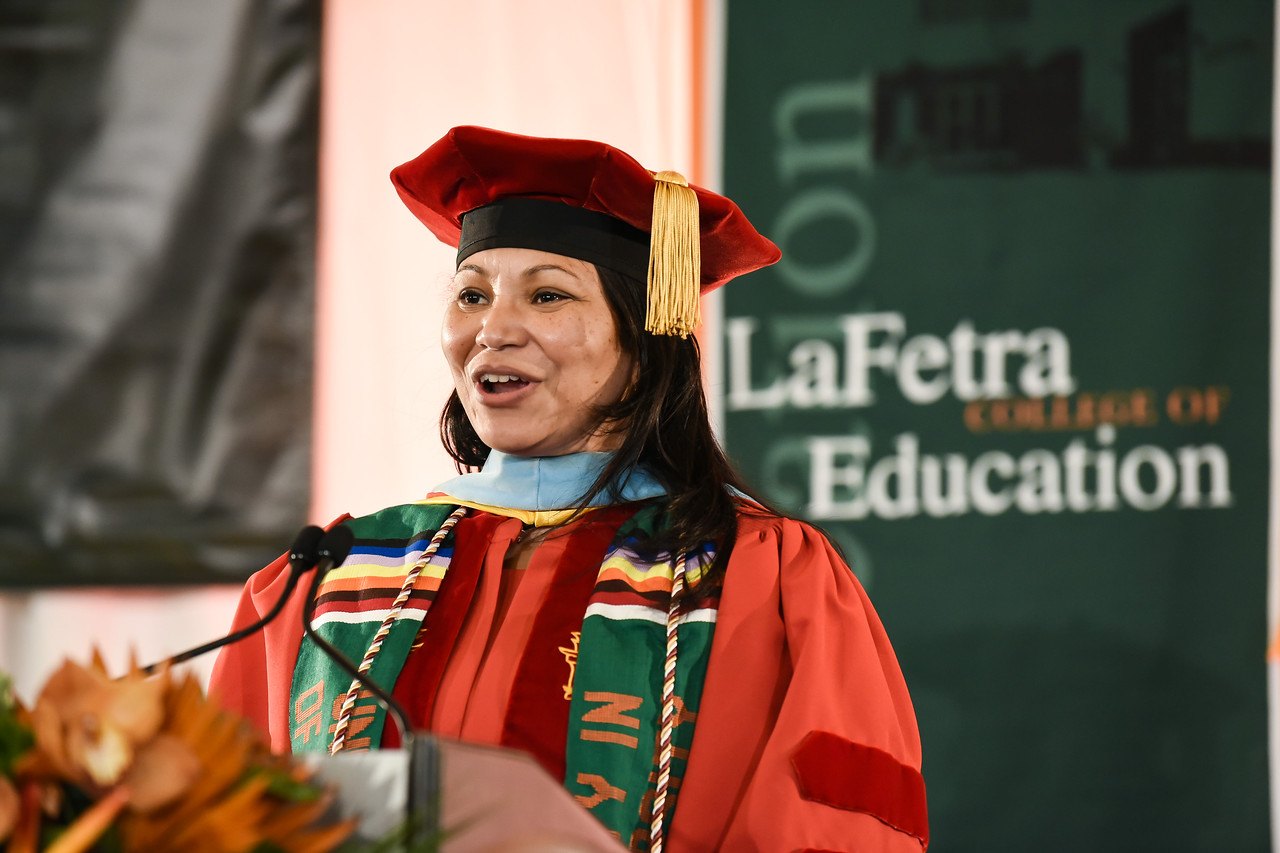 Dean White-Smith addressing LaFetra College of Education graduates during the first ever virtual commencement