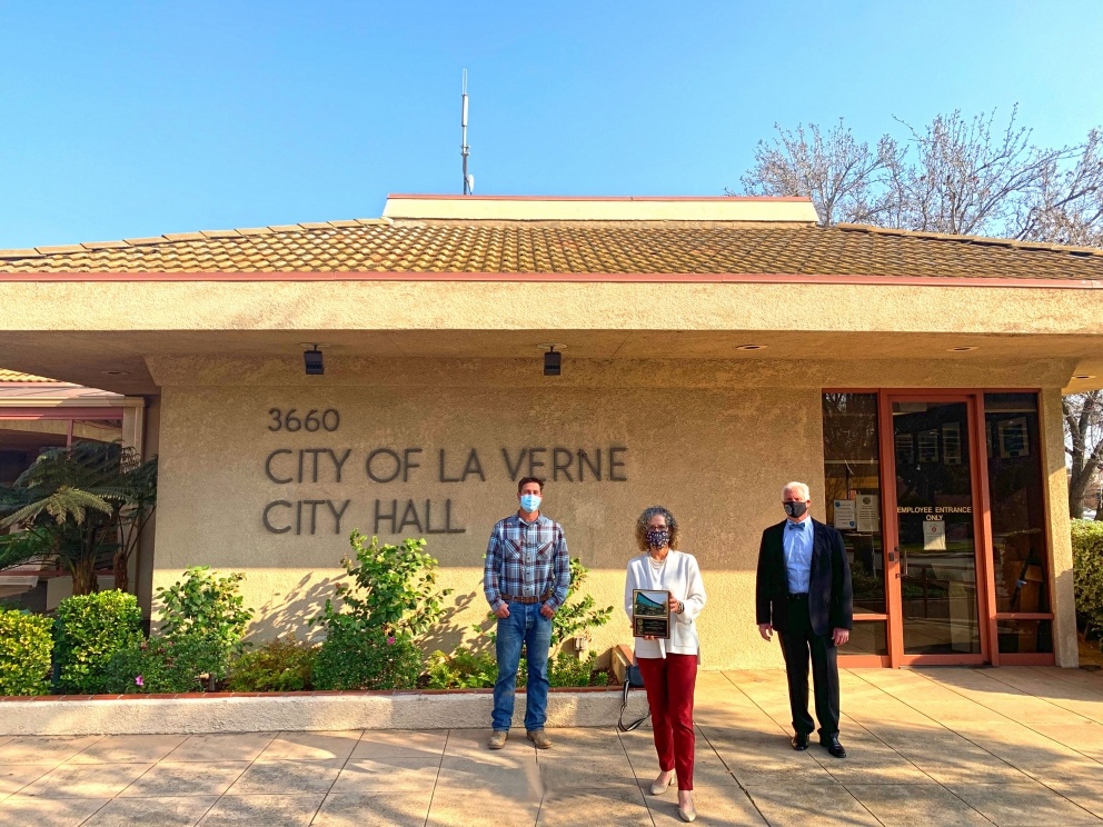 City of La Verne Planning Commission Chairperson Jason Simison, University of La Verne President Devorah Lieberman, and City of La Verne Mayor Tim Hepburn in front of La Verne City Hall.