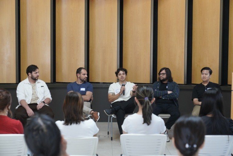 Panelist speak to a group of research students about career building, college experience and more during a mixer hosted by the University of La Verne Library and Learning Commons.